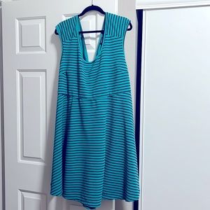 Torrid bodycon green/blue dress with black stripes.